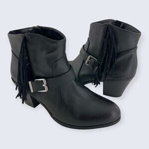 Circus Sam Edelman Leah Black Leather Fringe Buckle 3" Block Heel Ankle Boot 9.5